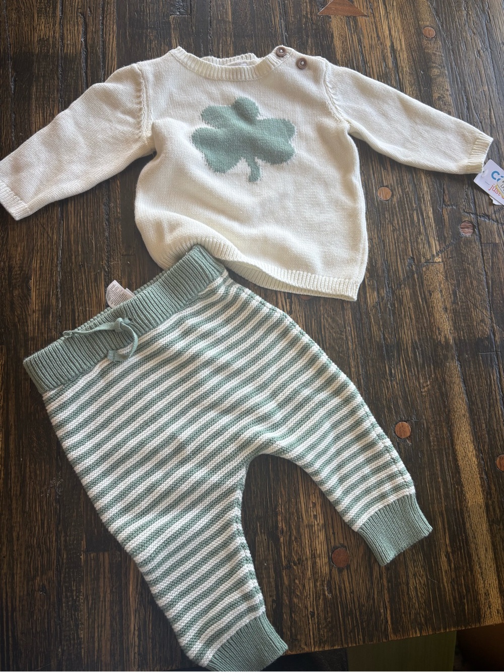 Carter's Cream Sweater with Sage Clover & Sage-Striped Knit Pants